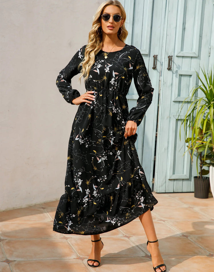 Women Eid Muslim Dresses Tight Waist O Neck Ruffles Spliced Casual Vestidos Flowers Dress Dubai Kaftan Islam Morocco Arab ShedPoundsPortal