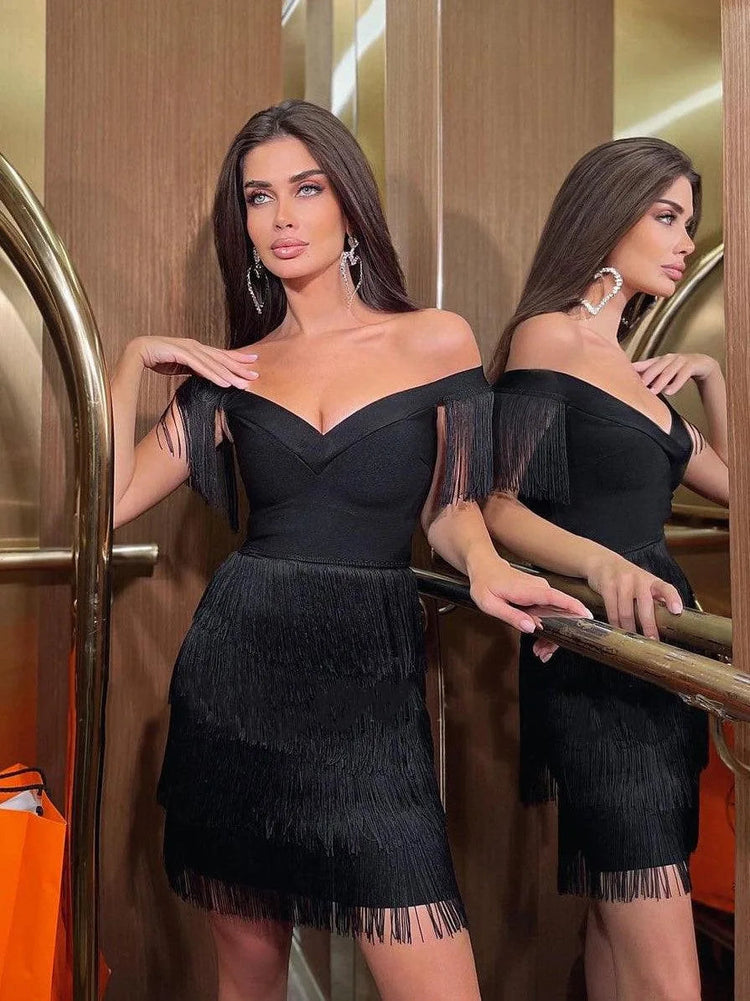 Women Evening Dresses Sexy Big V Neck One-shoulder Fringed Skirt Ladies Temperament Slim Dress Short Sleeve Club Dress Vestidos ShedPoundsPortal