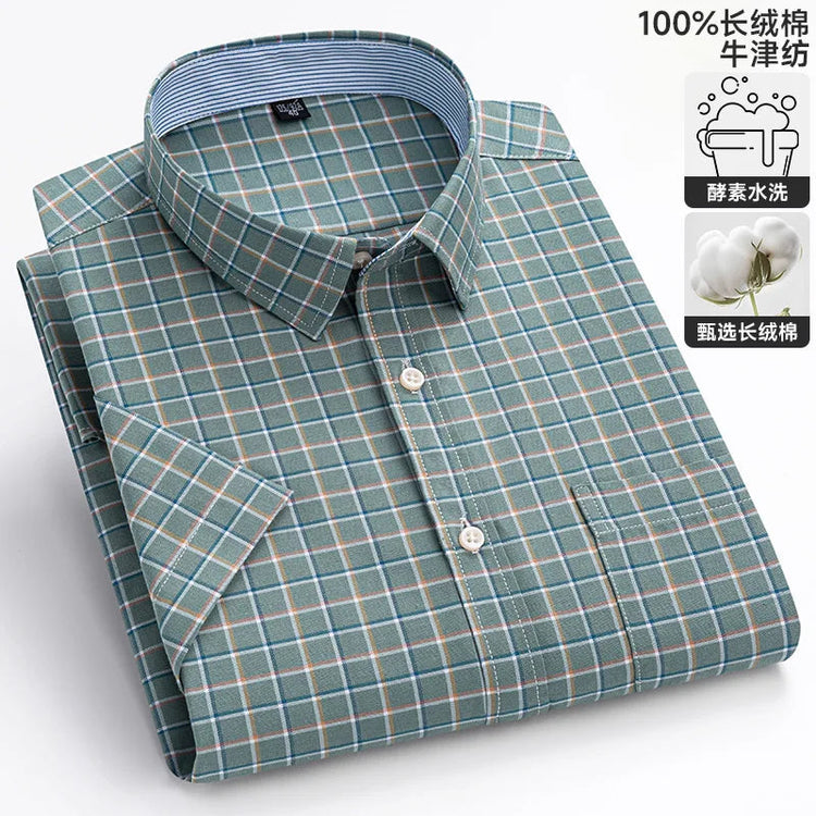 Cotton Fabric Breathable Men Oxford Short Sleeve Summer Plaid Striped Male Shirt Business Regular Fit Oversized Clothes ShedPoundsPortal
