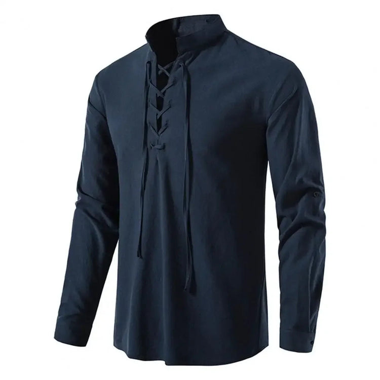 Shirt Cotton Linen Flax Tops Lace Up Long Sleeves Blouse Mens V Neck Medieval Costume Embroidery Tunic Casual Shirt ShedPoundsPortal