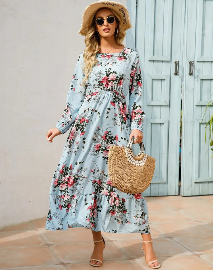 Women Eid Muslim Dresses Tight Waist O Neck Ruffles Spliced Casual Vestidos Flowers Dress Dubai Kaftan Islam Morocco Arab ShedPoundsPortal
