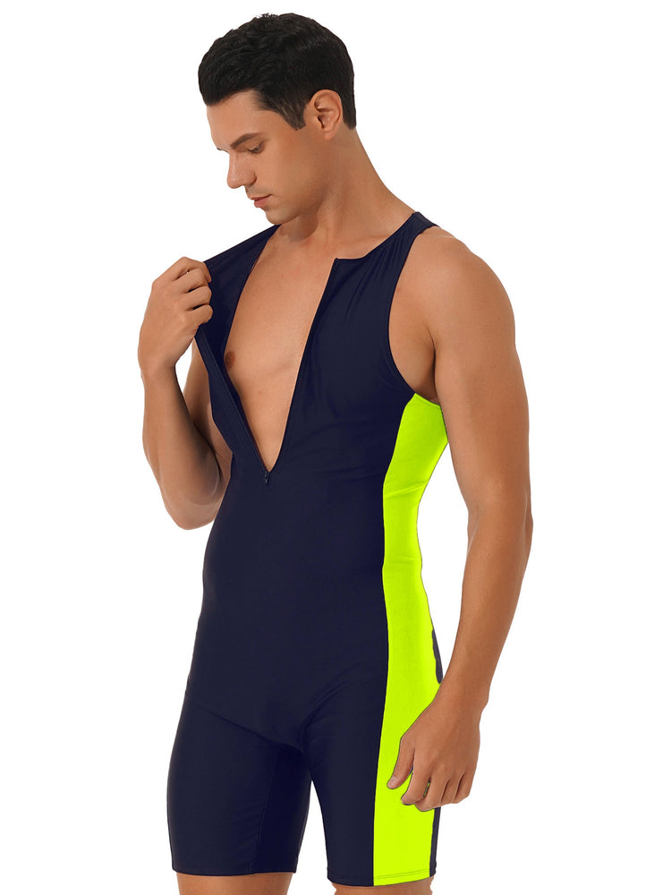 Mens Swimwear One-piece Wetsuit Swimming Bathing Suit Round Neck Sleeveless Side Shorts Bodysuit Triathlon Front Zipper Swimsuit ShedPoundsPortal