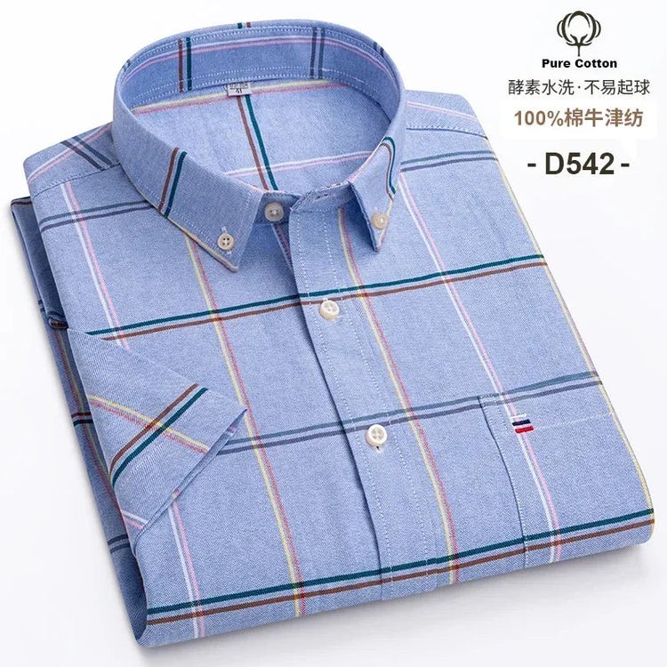 Cotton Fabric Breathable Men Oxford Short Sleeve Summer Plaid Striped Male Shirt Business Regular Fit Oversized Clothes ShedPoundsPortal
