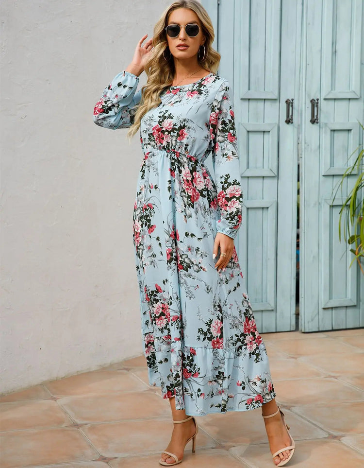 Women Eid Muslim Dresses Tight Waist O Neck Ruffles Spliced Casual Vestidos Flowers Dress Dubai Kaftan Islam Morocco Arab ShedPoundsPortal