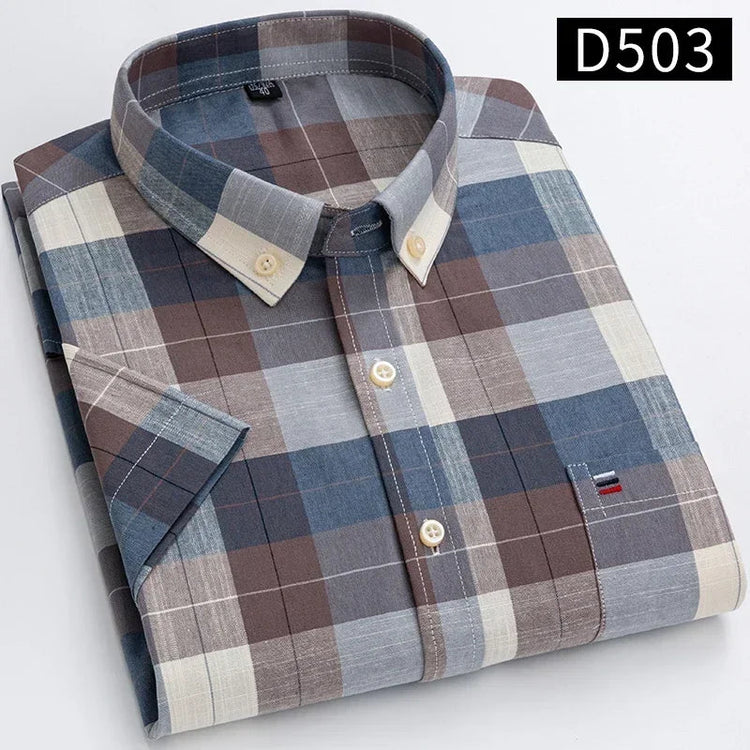 Cotton Fabric Breathable Men Oxford Short Sleeve Summer Plaid Striped Male Shirt Business Regular Fit Oversized Clothes ShedPoundsPortal