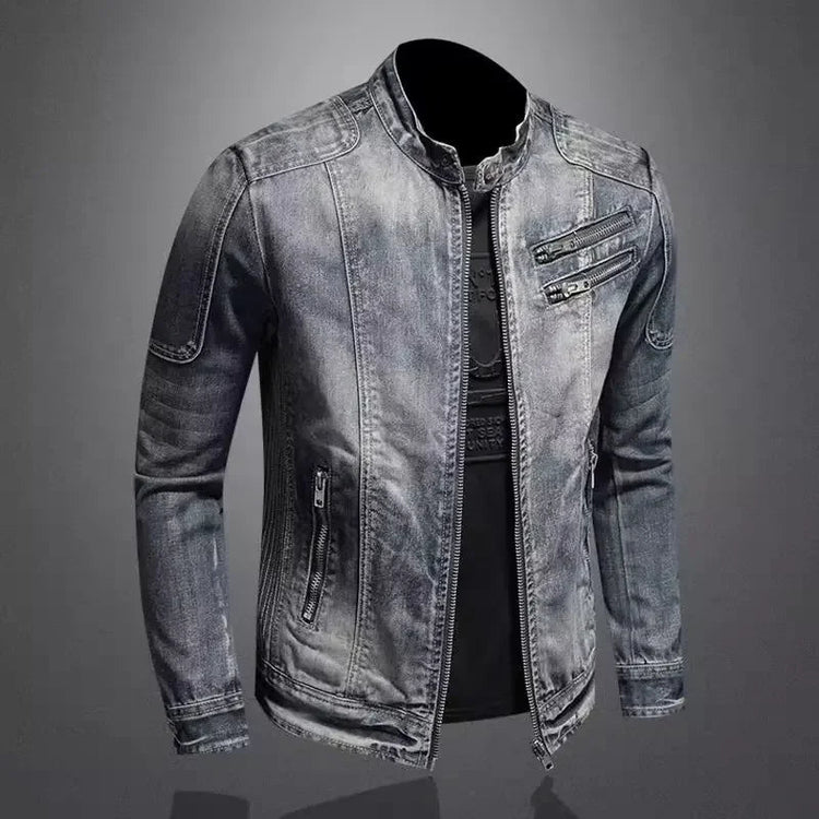 Trendy Stand Collar Zip-Uplapel Motorcycle Denim Jacket Unique Vintage Sports Top For Men Casual Trendy Brand Jacket ShedPoundsPortal