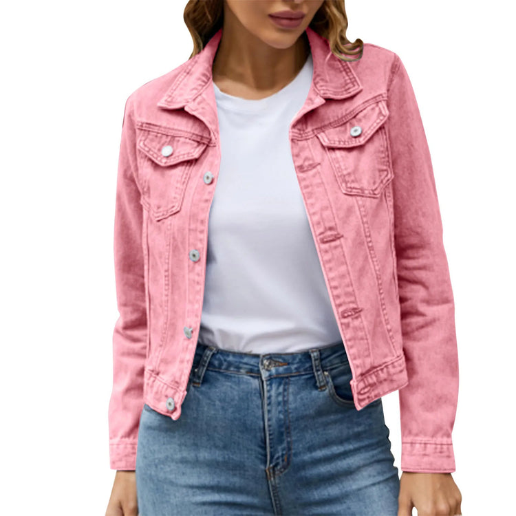 2025 Trend Womens Short Denim Jacket Classic Long Sleeve Boyfriend Jean Jacket Slim Fit Button Down Lapel Denim Coat Outwear ShedPoundsPortal