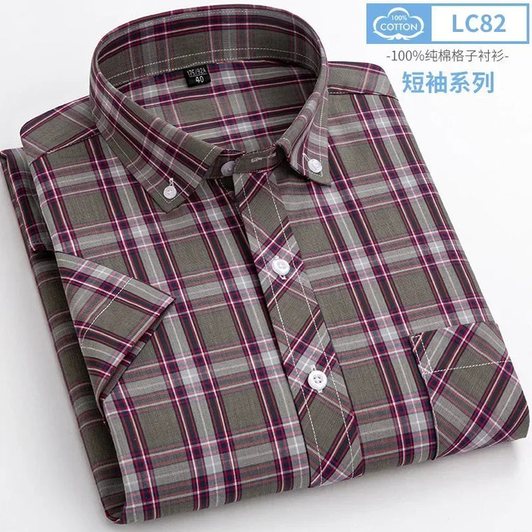 2025 Summer Cotton Plaid Short Sleeve Shirts For Men Plus Size Regular Fit Classic Young England Style Shirts Man&