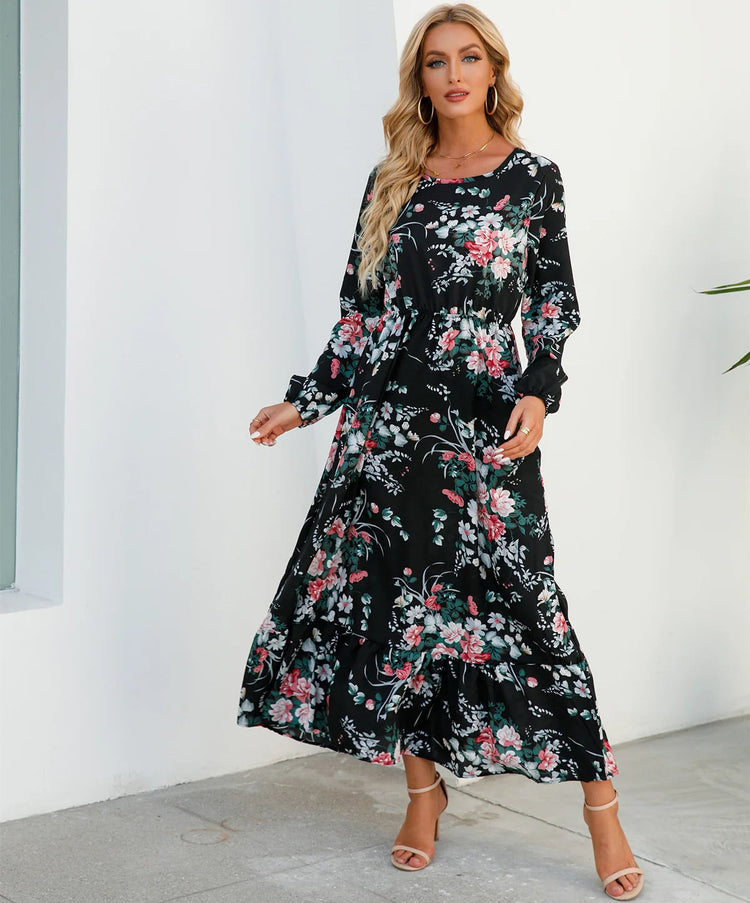 Women Eid Muslim Dresses Tight Waist O Neck Ruffles Spliced Casual Vestidos Flowers Dress Dubai Kaftan Islam Morocco Arab ShedPoundsPortal