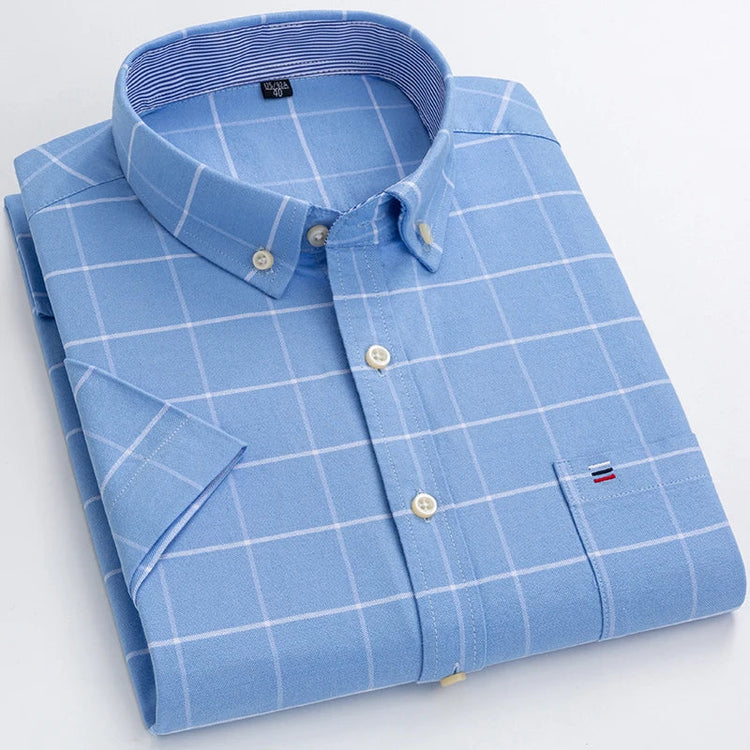 Cotton Fabric Breathable Men Oxford Short Sleeve Summer Plaid Striped Male Shirt Business Regular Fit Oversized Clothes ShedPoundsPortal