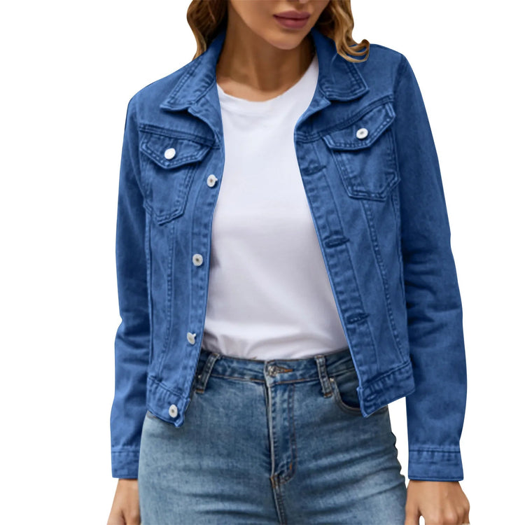 2025 Trend Womens Short Denim Jacket Classic Long Sleeve Boyfriend Jean Jacket Slim Fit Button Down Lapel Denim Coat Outwear ShedPoundsPortal