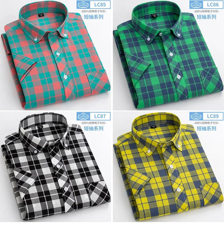 2025 Summer Cotton Plaid Short Sleeve Shirts For Men Plus Size Regular Fit Classic Young England Style Shirts Man&