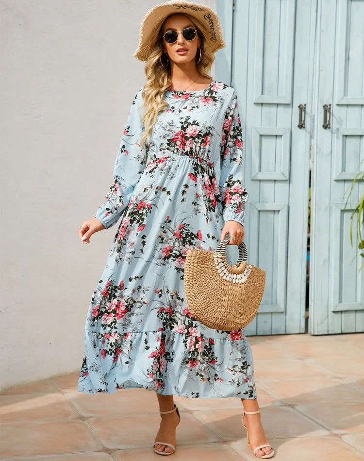 Women Eid Muslim Dresses Tight Waist O Neck Ruffles Spliced Casual Vestidos Flowers Dress Dubai Kaftan Islam Morocco Arab ShedPoundsPortal