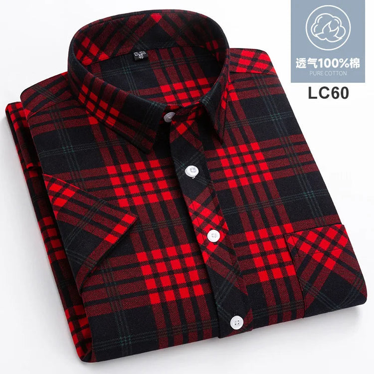 2025 Summer Cotton Plaid Short Sleeve Shirts For Men Plus Size Regular Fit Classic Young England Style Shirts Man&