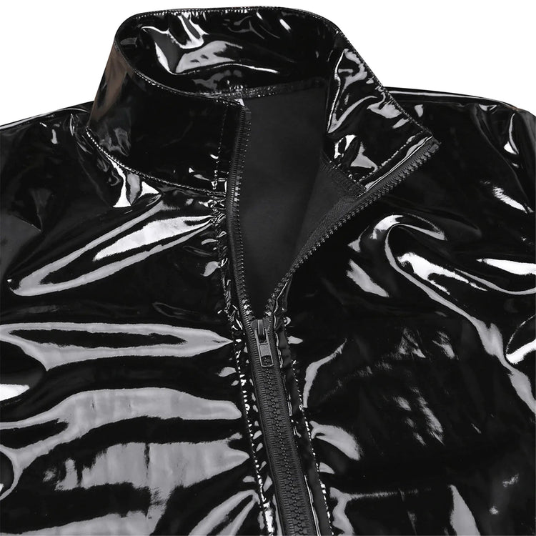 Men Wet Look Patent Leather Coat Long Sleeve Front-Zip Shiny Metallic Tops Fashion Man&