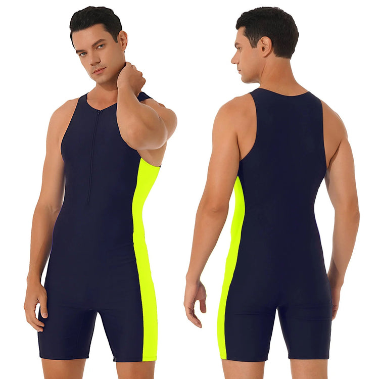 Men One-piece Swimwear Swimming Jumpsuit Patchwork Side Shorts Bodysuit Triathlon Wetsuit for Beach Pool Swimming Bathing Suit ShedPoundsPortal