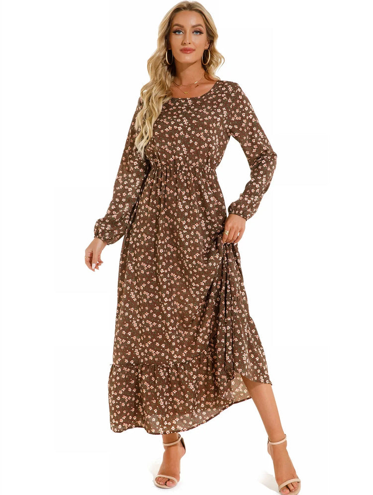 Women Eid Muslim Dresses Tight Waist O Neck Ruffles Spliced Casual Vestidos Flowers Dress Dubai Kaftan Islam Morocco Arab ShedPoundsPortal