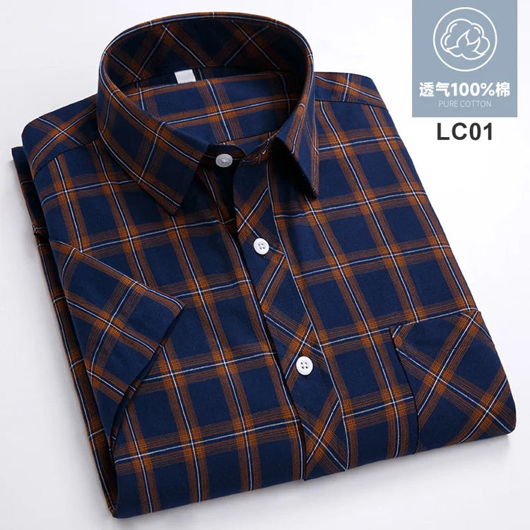 2025 Summer Cotton Plaid Short Sleeve Shirts For Men Plus Size Regular Fit Classic Young England Style Shirts Man&