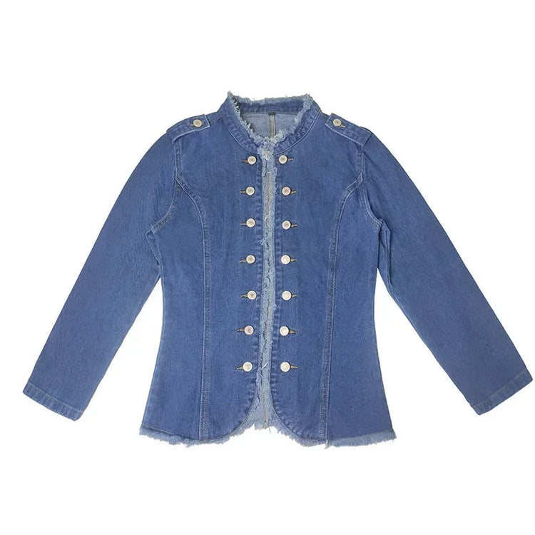 Short Jacket Denim Suit Coat Single-Breasted Stand-up Collar Thin Autumn Jackets Outwear Women Ripped ShedPoundsPortal