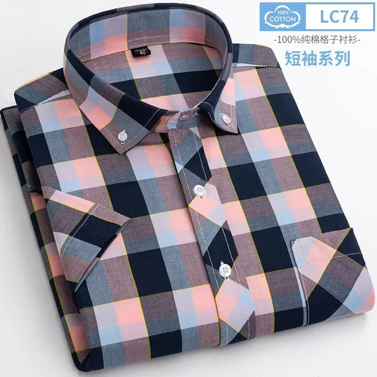 2025 Summer Cotton Plaid Short Sleeve Shirts For Men Plus Size Regular Fit Classic Young England Style Shirts Man&