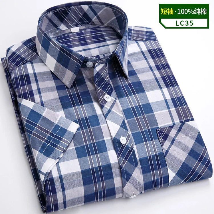 2025 Summer Cotton Plaid Short Sleeve Shirts For Men Plus Size Regular Fit Classic Young England Style Shirts Man&