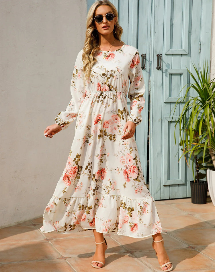 Women Eid Muslim Dresses Tight Waist O Neck Ruffles Spliced Casual Vestidos Flowers Dress Dubai Kaftan Islam Morocco Arab ShedPoundsPortal