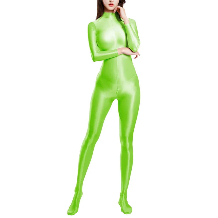 Sexy Women Zipper Full Body Jumpsuit Oil Glossy Sheer Solid Color Tights Bodysuits Long Sleeve Catsuits Smooth Swimsuits Rompers ShedPoundsPortal