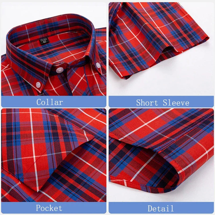2025 Summer Cotton Plaid Short Sleeve Shirts For Men Plus Size Regular Fit Classic Young England Style Shirts Man&