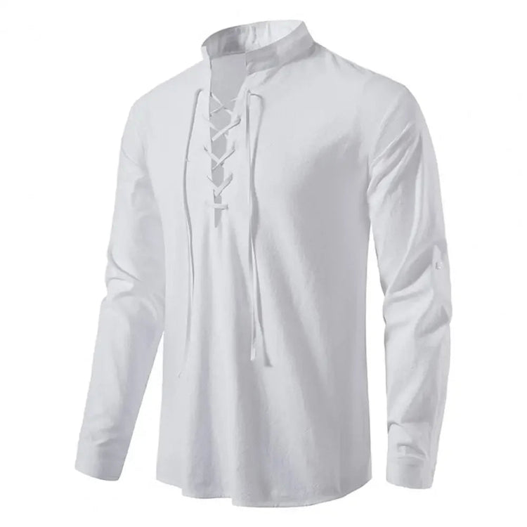 Shirt Cotton Linen Flax Tops Lace Up Long Sleeves Blouse Mens V Neck Medieval Costume Embroidery Tunic Casual Shirt ShedPoundsPortal