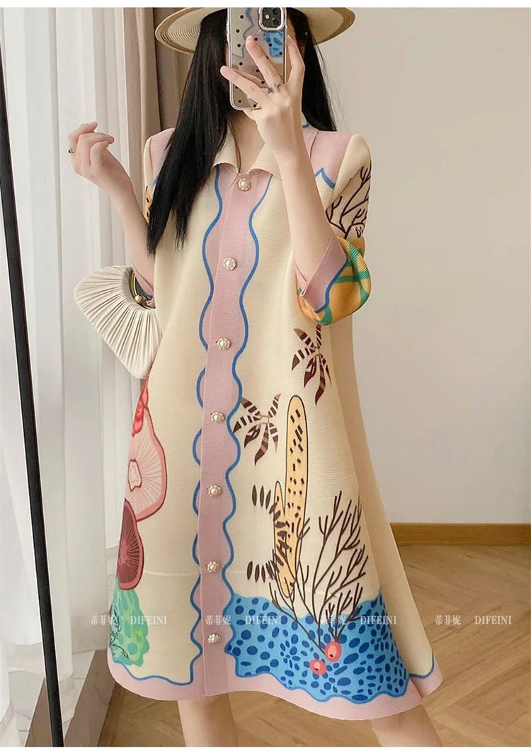 Womens Dresses Evening Dresses Beautiful Lssey Miyake Pleated Dress Summer new Fashion Lapel Loose Slim Long Print Fat mm Skirt ShedPoundsPortal