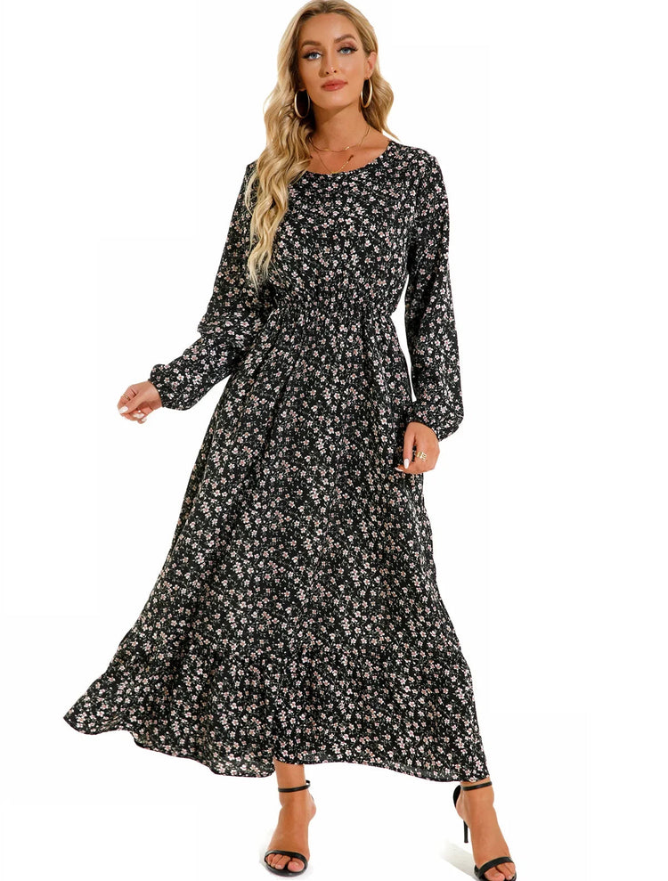 Women Eid Muslim Dresses Tight Waist O Neck Ruffles Spliced Casual Vestidos Flowers Dress Dubai Kaftan Islam Morocco Arab ShedPoundsPortal