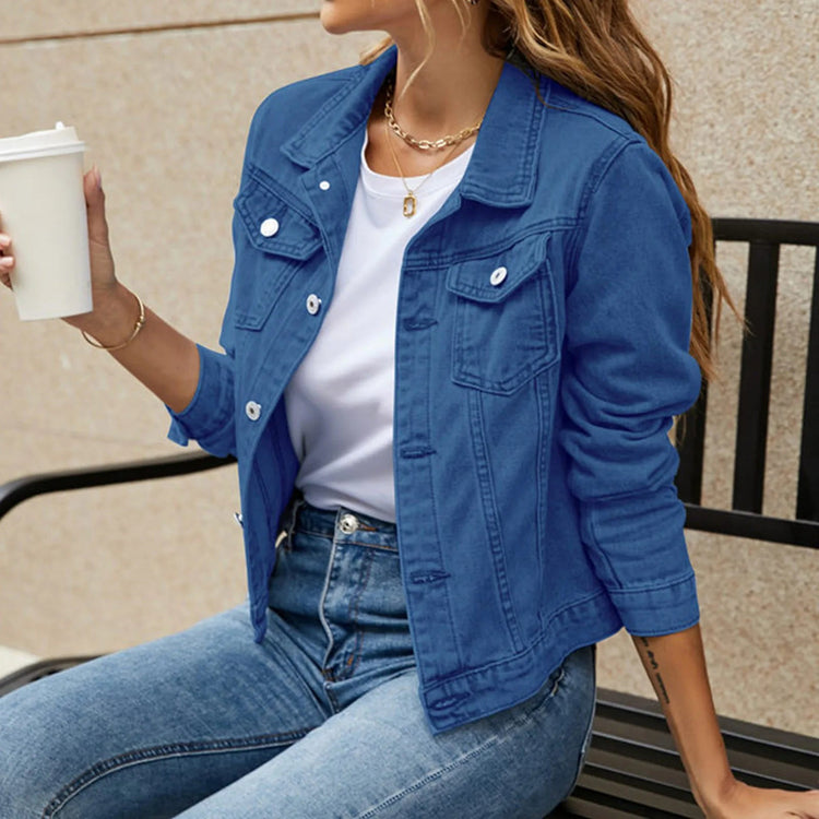 2025 Trend Womens Short Denim Jacket Classic Long Sleeve Boyfriend Jean Jacket Slim Fit Button Down Lapel Denim Coat Outwear ShedPoundsPortal