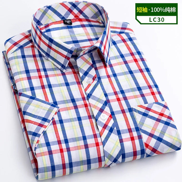2025 Summer Cotton Plaid Short Sleeve Shirts For Men Plus Size Regular Fit Classic Young England Style Shirts Man&