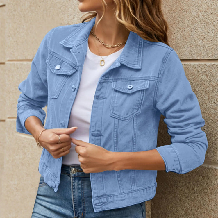 2025 Trend Womens Short Denim Jacket Classic Long Sleeve Boyfriend Jean Jacket Slim Fit Button Down Lapel Denim Coat Outwear ShedPoundsPortal