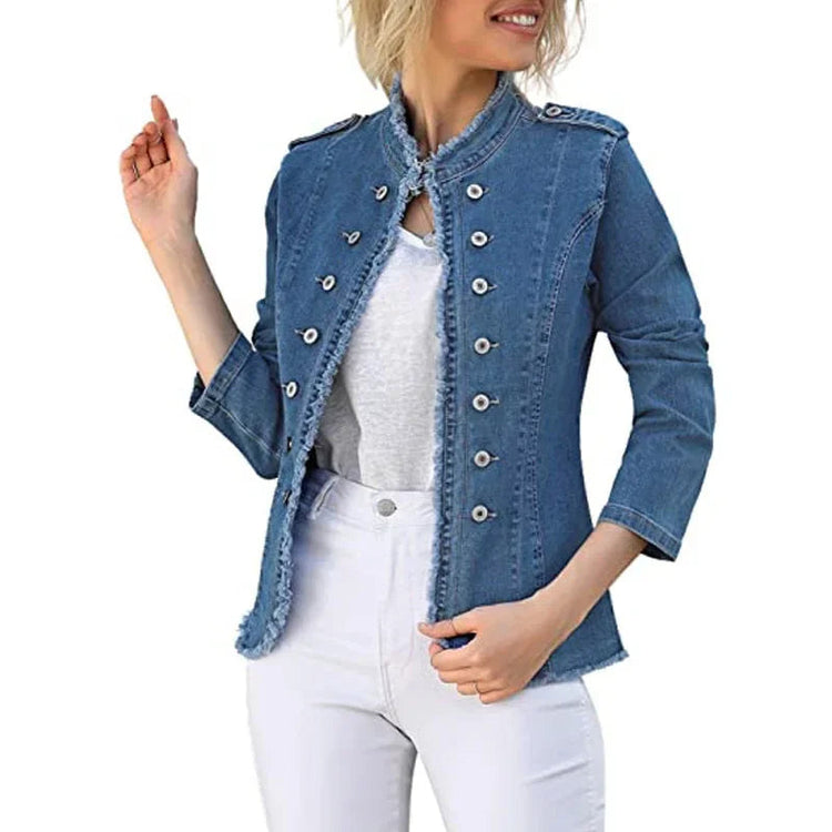 Short Jacket Denim Suit Coat Single-Breasted Stand-up Collar Thin Autumn Jackets Outwear Women Ripped ShedPoundsPortal