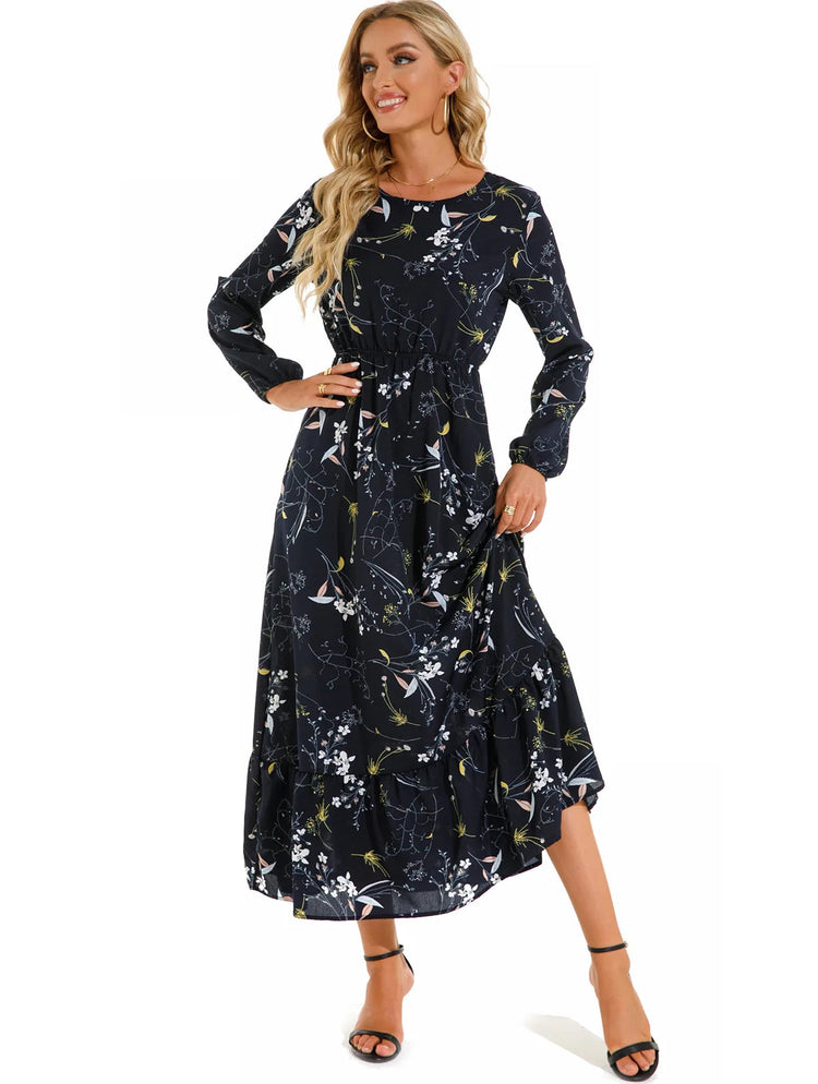 Women Eid Muslim Dresses Tight Waist O Neck Ruffles Spliced Casual Vestidos Flowers Dress Dubai Kaftan Islam Morocco Arab ShedPoundsPortal