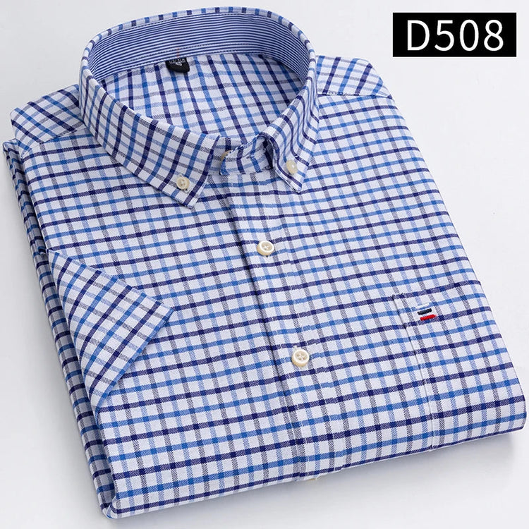 Cotton Fabric Breathable Men Oxford Short Sleeve Summer Plaid Striped Male Shirt Business Regular Fit Oversized Clothes ShedPoundsPortal