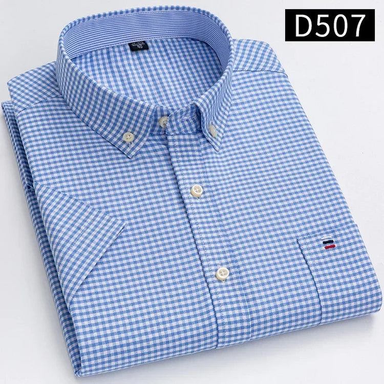 Cotton Fabric Breathable Men Oxford Short Sleeve Summer Plaid Striped Male Shirt Business Regular Fit Oversized Clothes ShedPoundsPortal