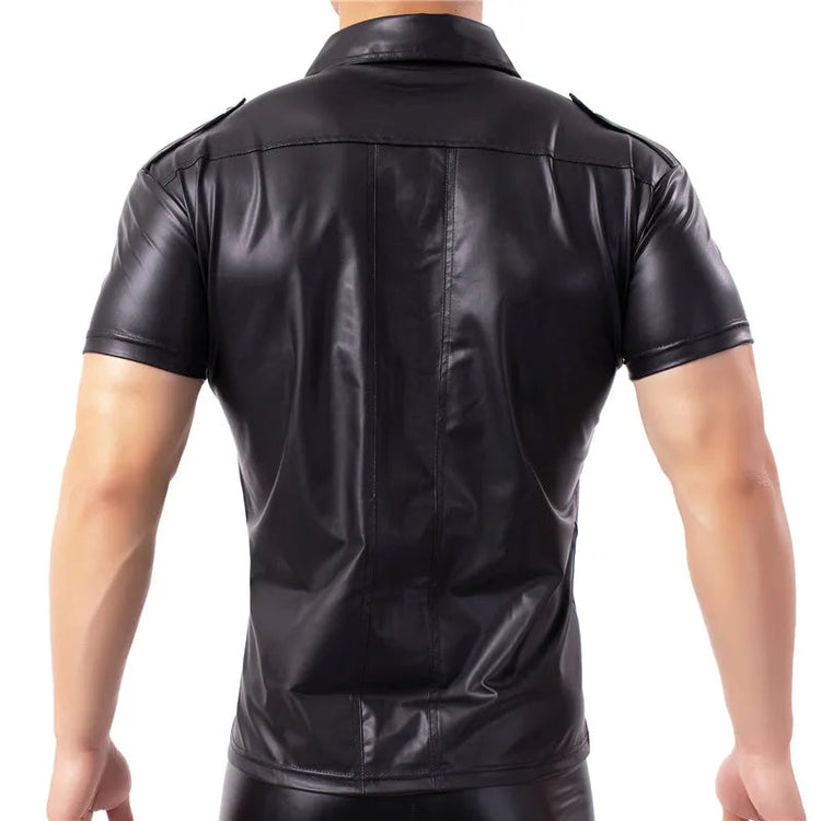 Mens Shirts Faux Leather T Shirts Nightclub Stage Costumes Short Sleeve Button Up Shirt PU Leather Latex Wetlook Dance Clubwear ShedPoundsPortal