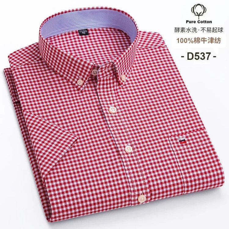 Cotton Fabric Breathable Men Oxford Short Sleeve Summer Plaid Striped Male Shirt Business Regular Fit Oversized Clothes ShedPoundsPortal