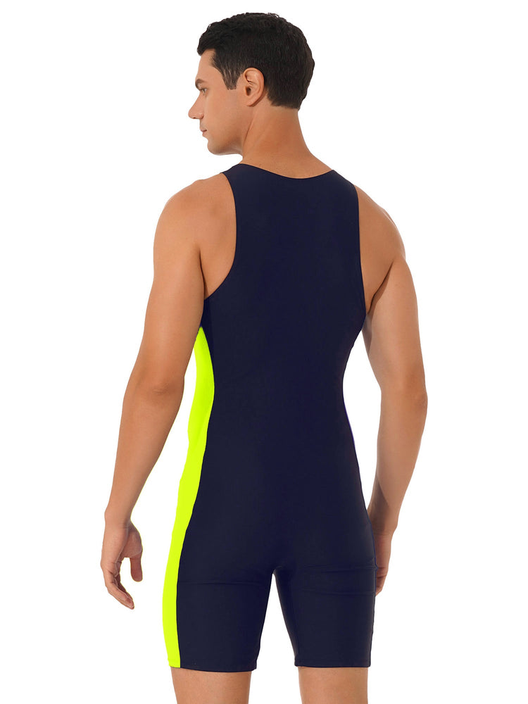 Mens Swimwear One-piece Wetsuit Swimming Bathing Suit Round Neck Sleeveless Side Shorts Bodysuit Triathlon Front Zipper Swimsuit ShedPoundsPortal