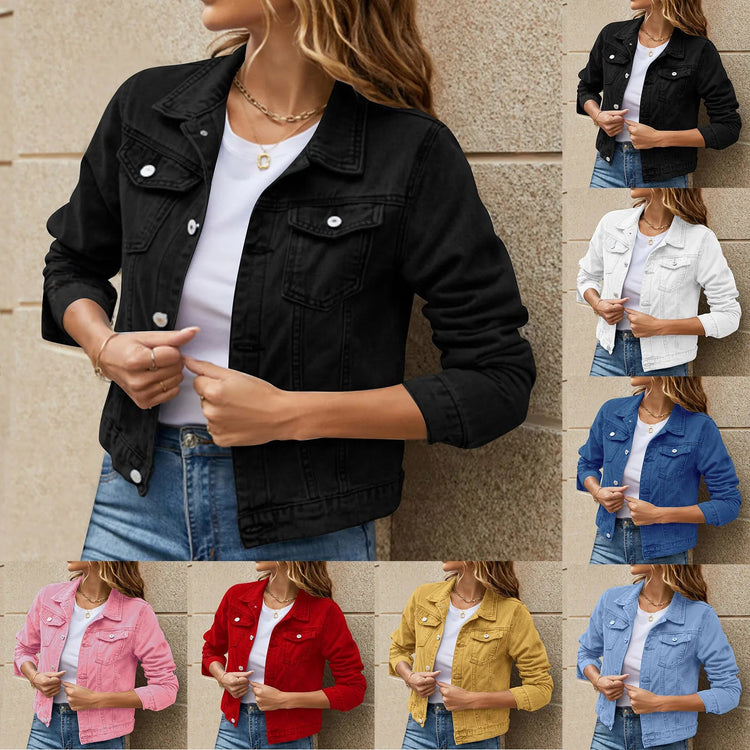 2025 Trend Womens Short Denim Jacket Classic Long Sleeve Boyfriend Jean Jacket Slim Fit Button Down Lapel Denim Coat Outwear ShedPoundsPortal
