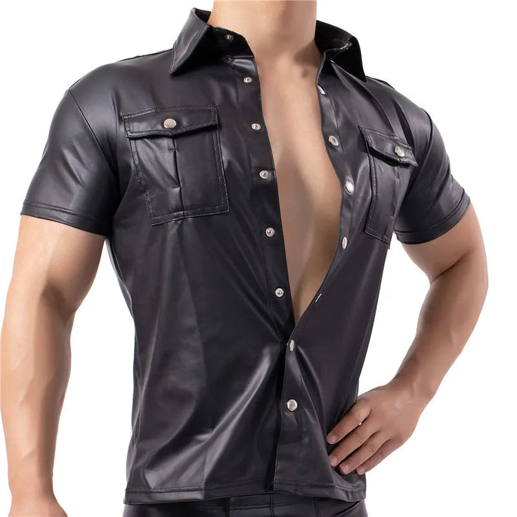 Mens Shirts Faux Leather T Shirts Nightclub Stage Costumes Short Sleeve Button Up Shirt PU Leather Latex Wetlook Dance Clubwear ShedPoundsPortal