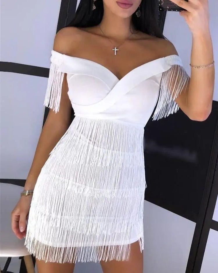 Women Evening Dresses Sexy Big V Neck One-shoulder Fringed Skirt Ladies Temperament Slim Dress Short Sleeve Club Dress Vestidos ShedPoundsPortal