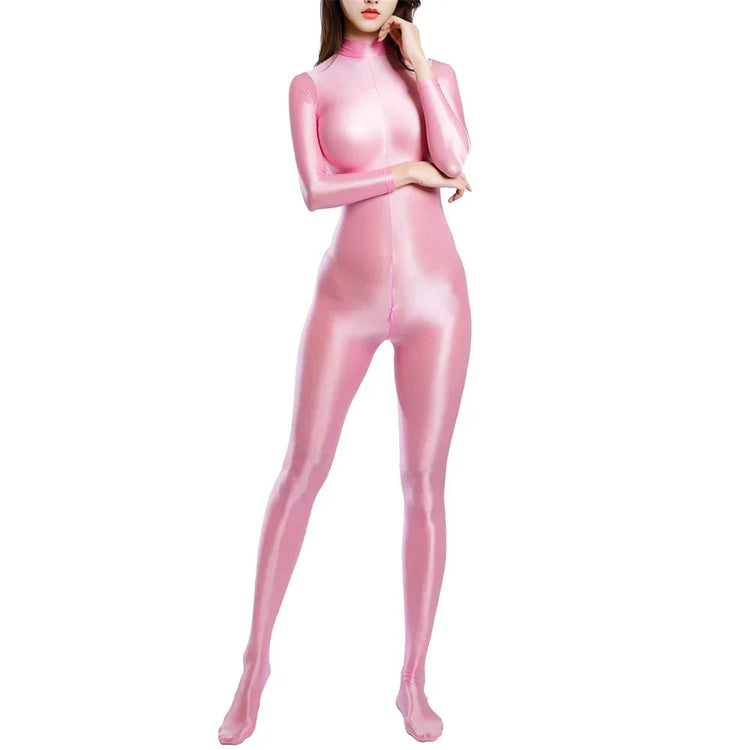 Sexy Women Zipper Full Body Jumpsuit Oil Glossy Sheer Solid Color Tights Bodysuits Long Sleeve Catsuits Smooth Swimsuits Rompers ShedPoundsPortal