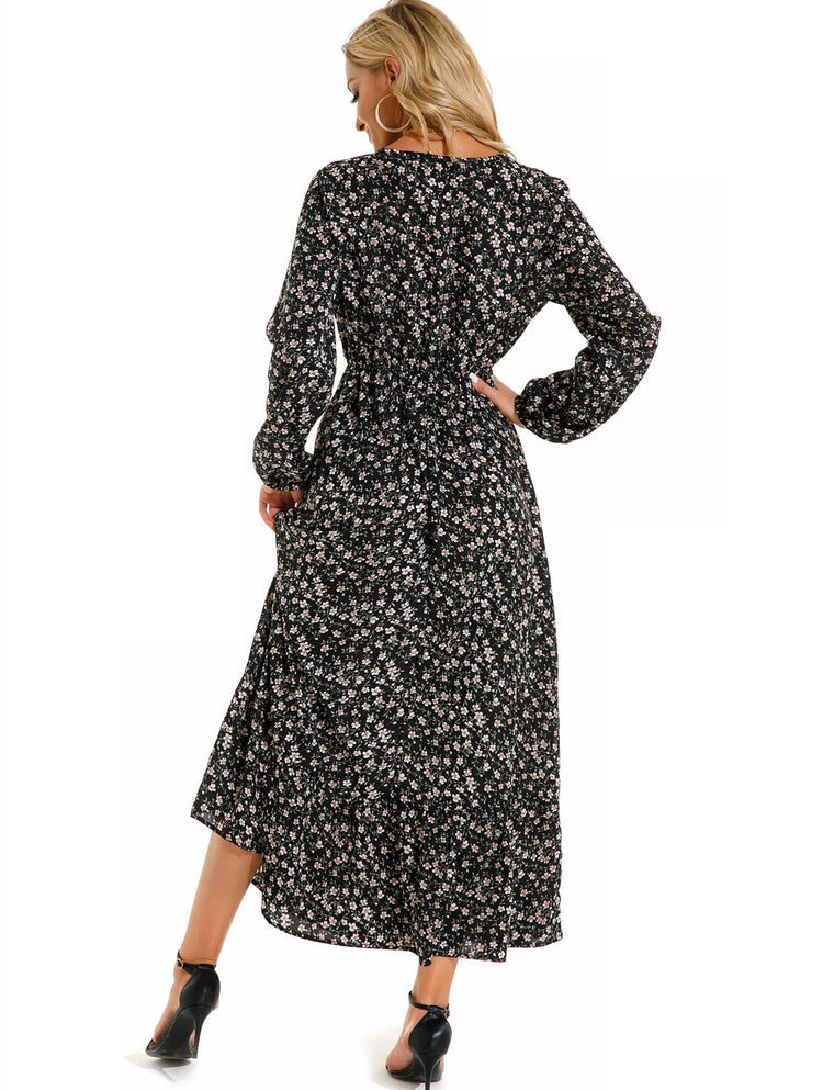 Women Eid Muslim Dresses Tight Waist O Neck Ruffles Spliced Casual Vestidos Flowers Dress Dubai Kaftan Islam Morocco Arab ShedPoundsPortal