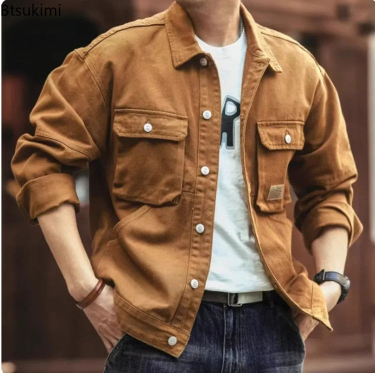 2025 Spring and Autumn New Fashion Solid Color Retro Cargo Jacket Men&