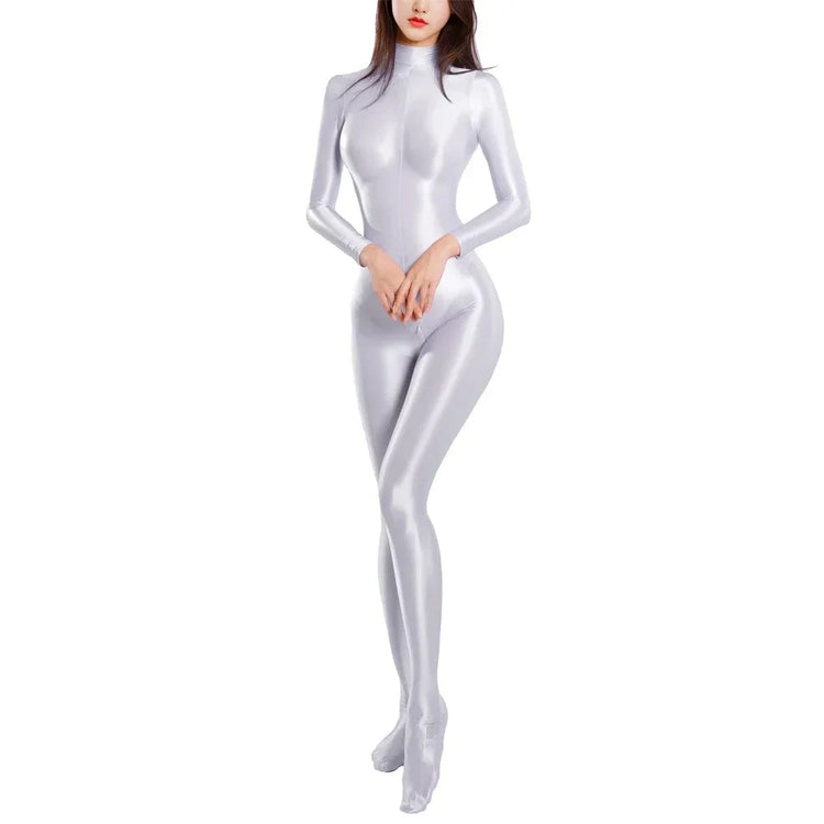 Sexy Women Zipper Full Body Jumpsuit Oil Glossy Sheer Solid Color Tights Bodysuits Long Sleeve Catsuits Smooth Swimsuits Rompers ShedPoundsPortal