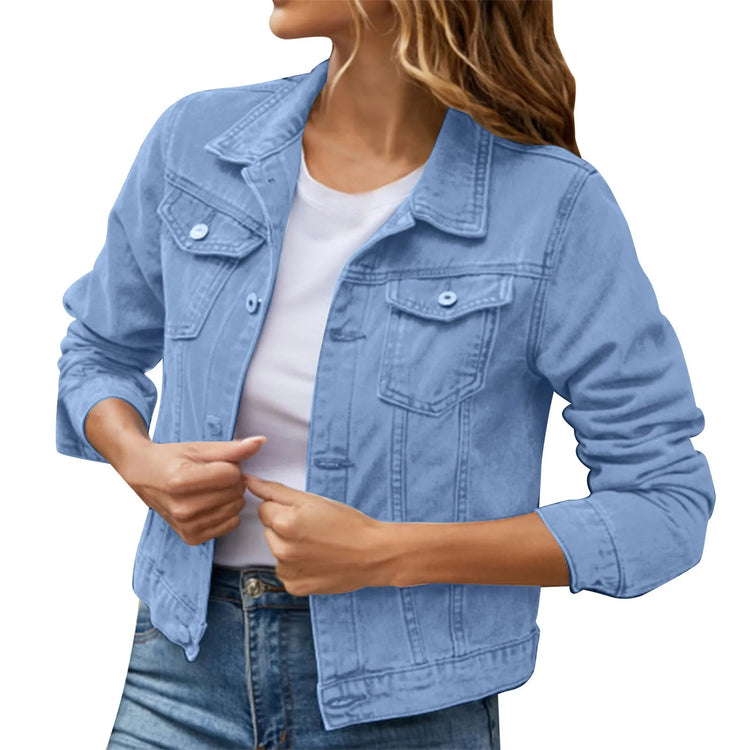 2025 Trend Womens Short Denim Jacket Classic Long Sleeve Boyfriend Jean Jacket Slim Fit Button Down Lapel Denim Coat Outwear ShedPoundsPortal