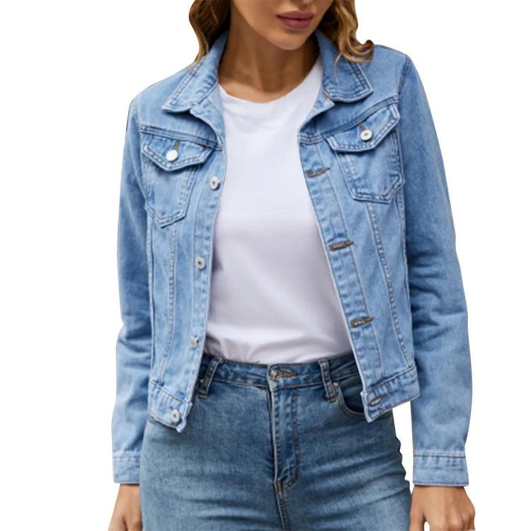 2025 Trend Womens Short Denim Jacket Classic Long Sleeve Boyfriend Jean Jacket Slim Fit Button Down Lapel Denim Coat Outwear ShedPoundsPortal